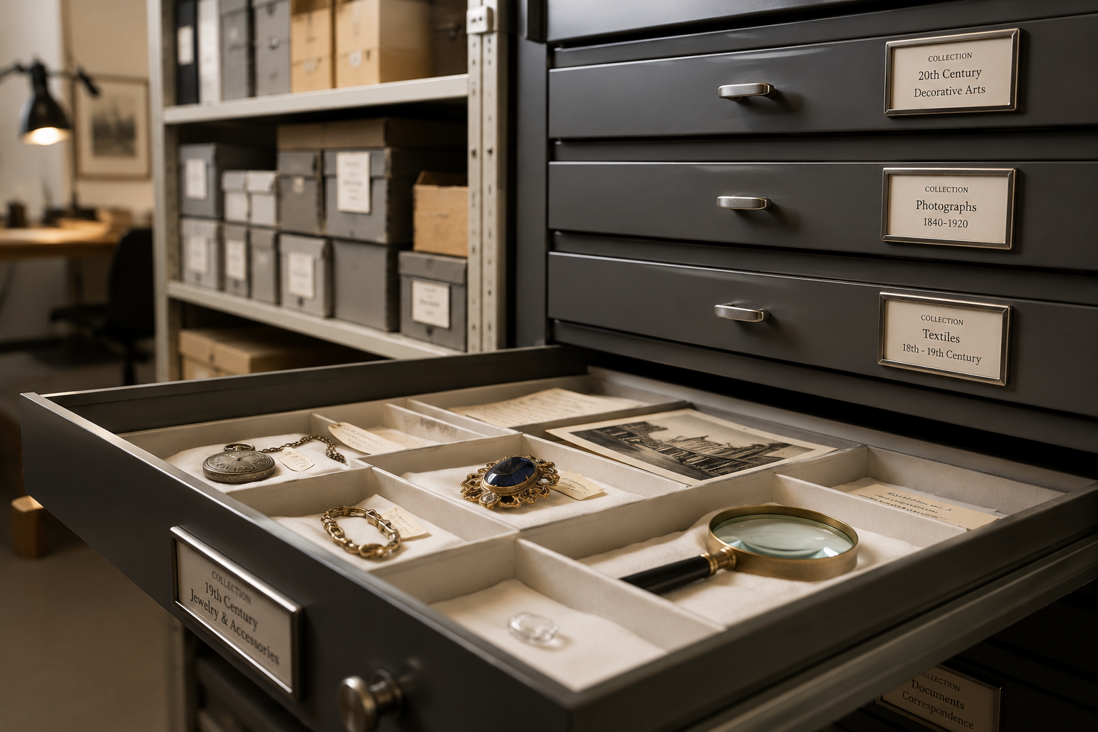 Illustrative archival drawers holding carefully cataloged objects and photographs